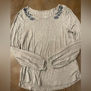 American Eagle Outfitters Gray Long Sleeve with Blue Embroidery